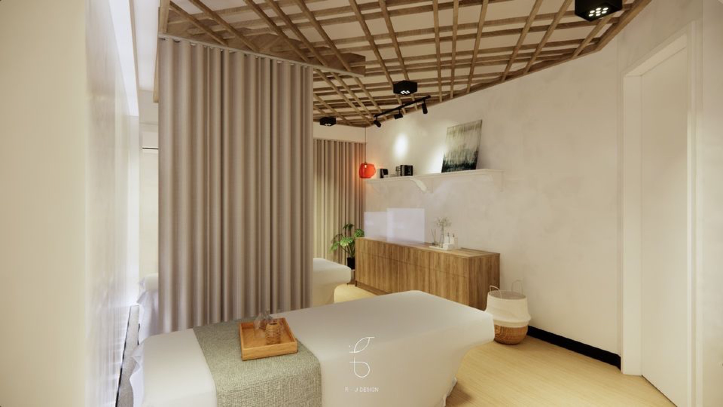 按摩會館療程室 3D 模擬圖,木格柵天花、原木矮櫃與亞麻布簾